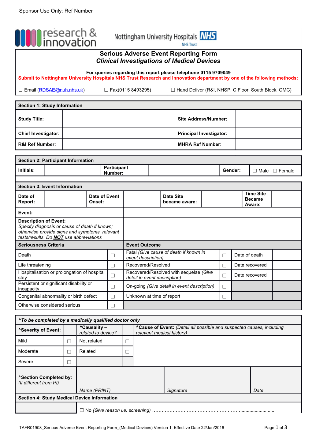 TAFR01908 Serious Adverse Event Reporting Form (Medical Devices) Version 1, Effective Date