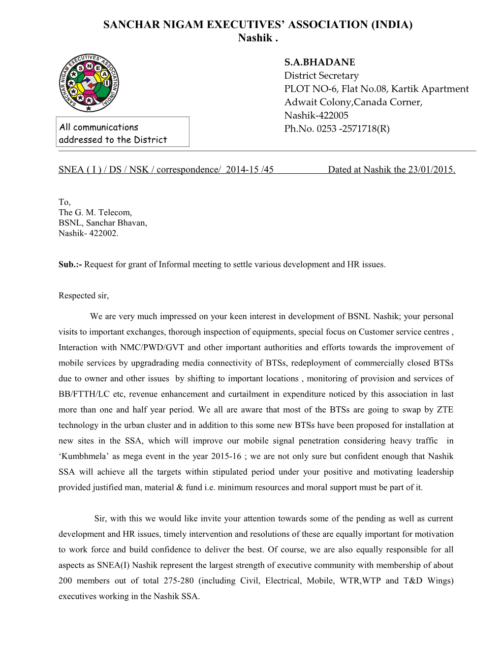 SNEA( I ) / DS / NSK/ Correspondence/ 2014-15 /45 Dated at Nashik the 23/01/2015