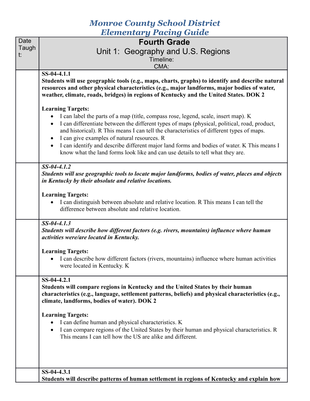 Elementary Pacing Guide