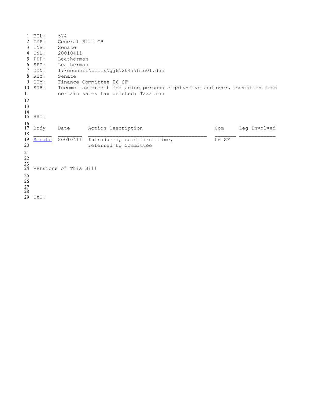 2001-2002 Bill 574: Income Tax Credit for Aging Persons Eighty-Five and Over, Exemption