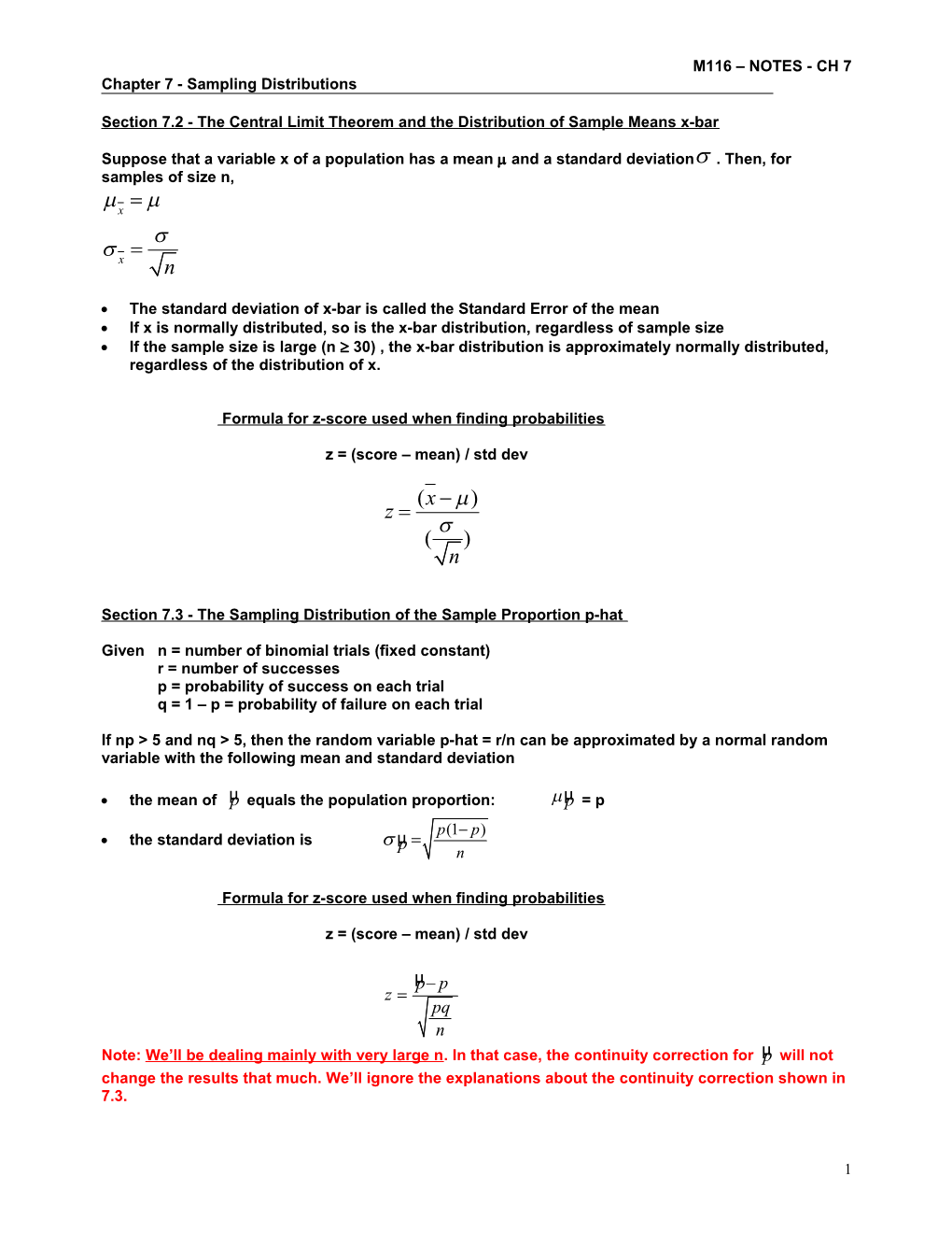 Section 7.2 - the Central Limit Theorem and the Distribution of Sample Means X-Bar