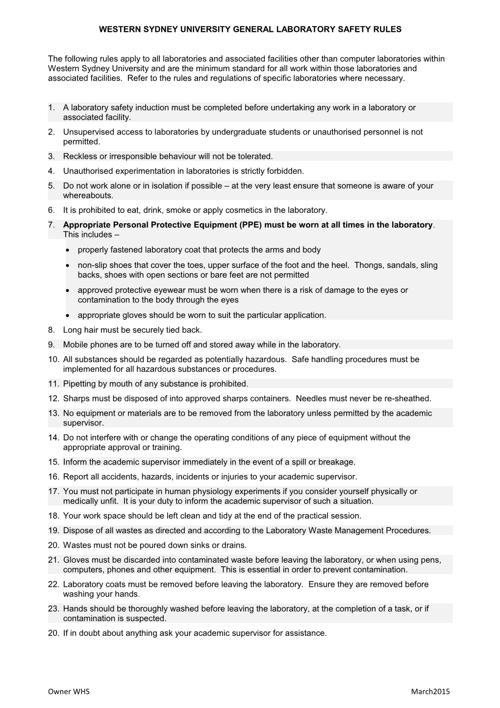 Western Sydney University General Laboratory Safety Rules