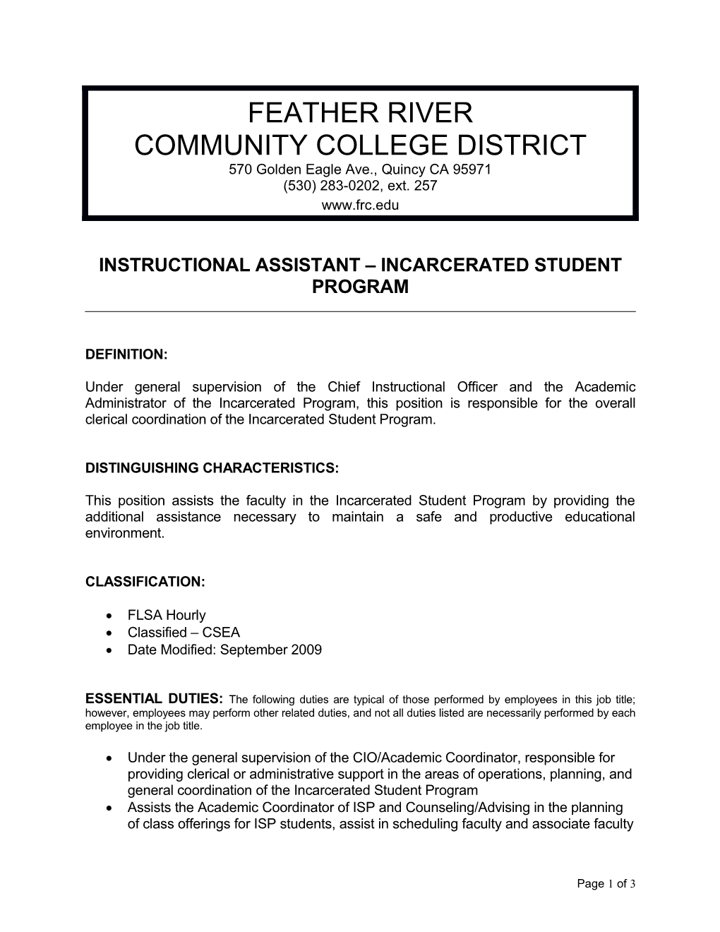 Instructional Assistant Incarcerated Student Program
