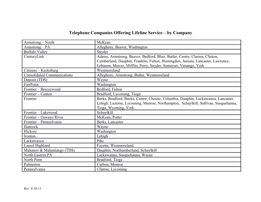 Telephone Companies Offering Lifeline Service by Company