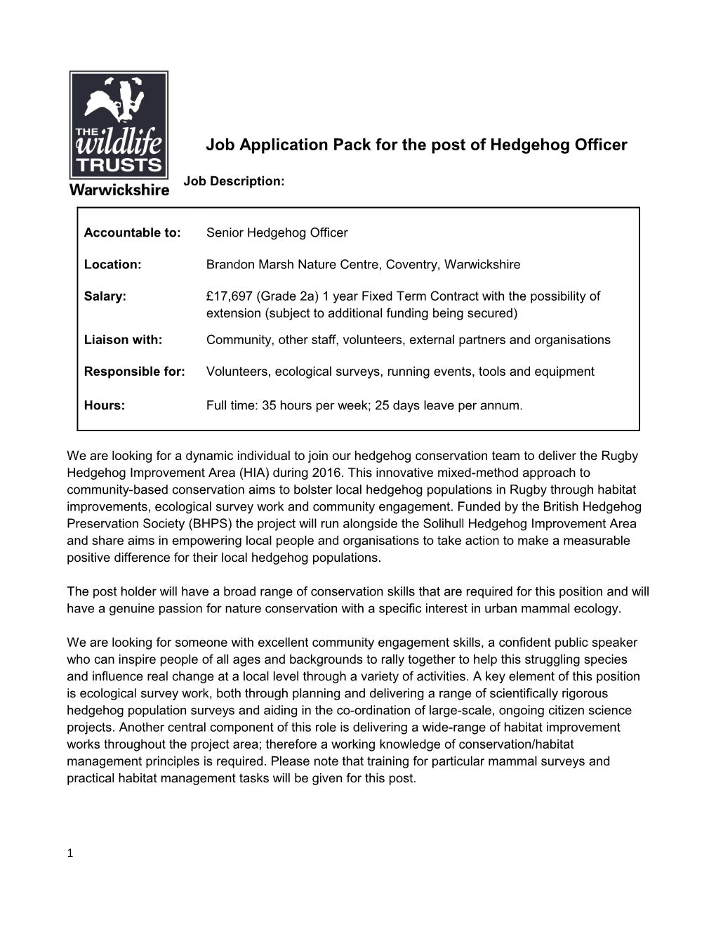 Job Application Pack for the Post of Hedgehog Officer