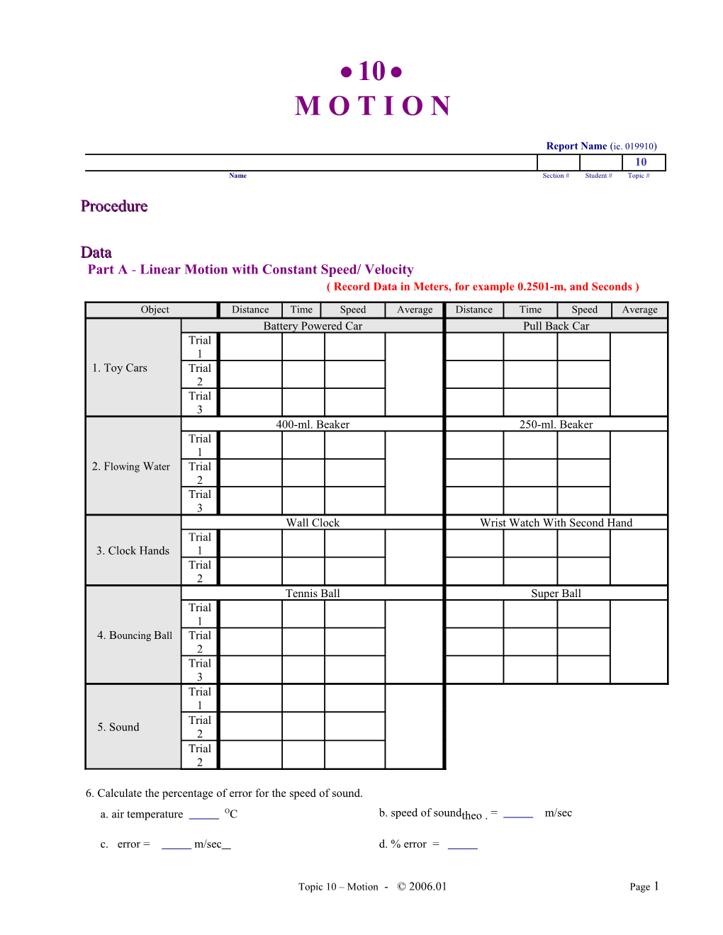 Motion Data Sheet
