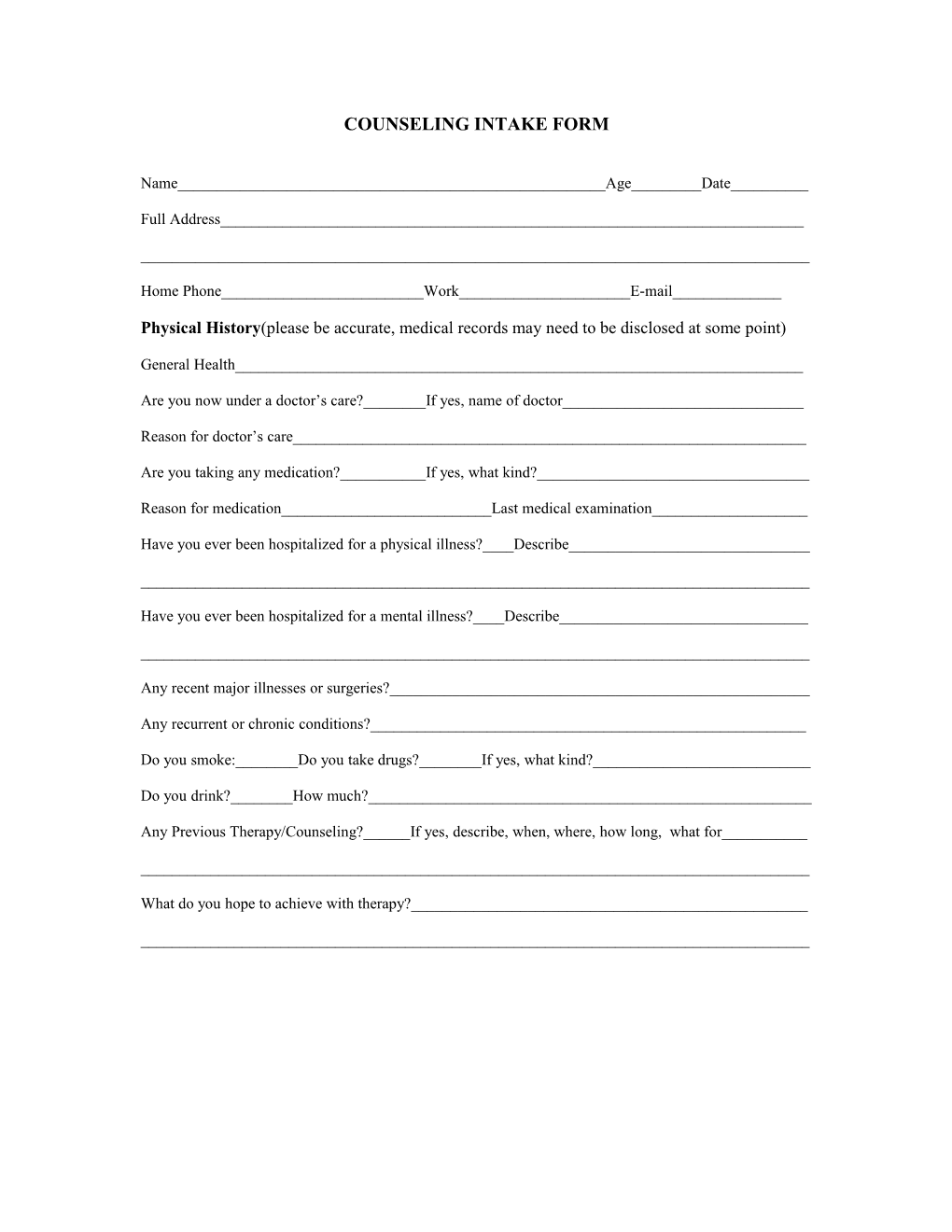 Counseling Intake Form