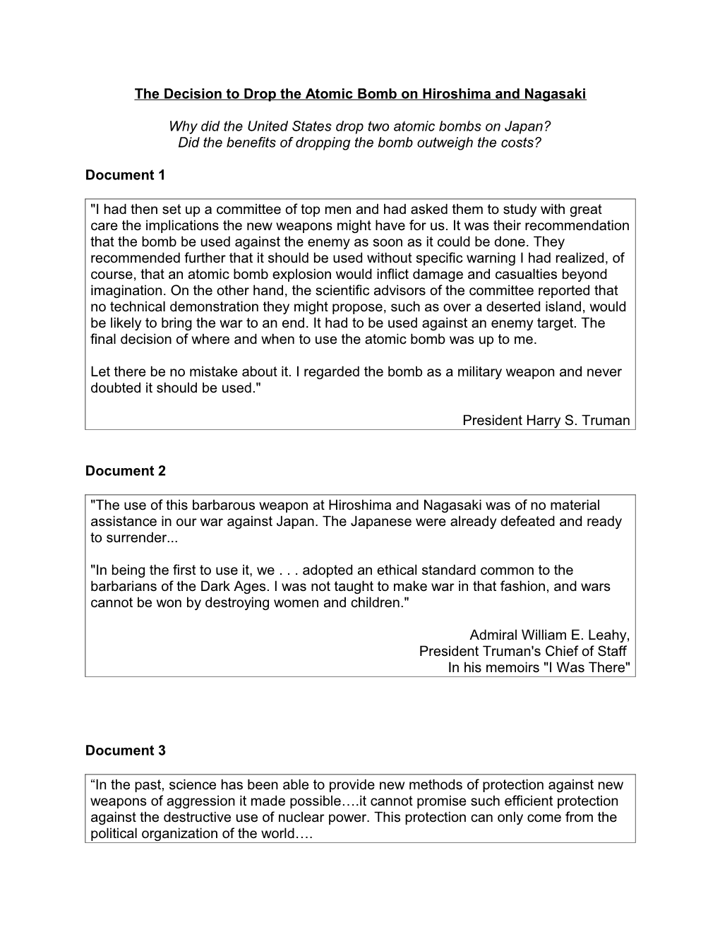 DBQ: the Decision to Drop the Atomic Bomb on Hiroshima and Nagasaki