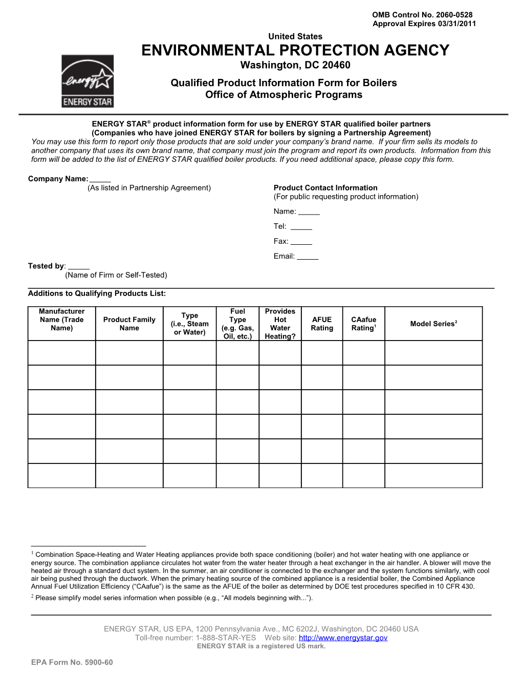 Qualified Product Information Form for Boilers