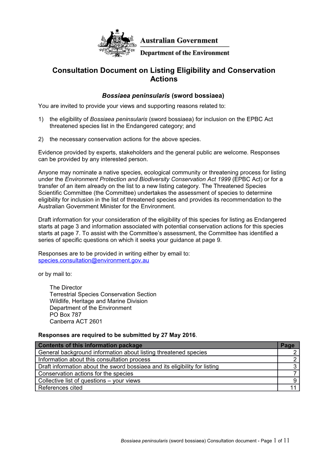 Consultation Document on Listing Eligibility and Conservation Actions Bossiaea Peninsularis