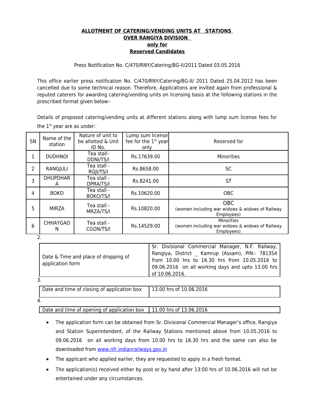 Allotment of Catering/Vending Units at Stations