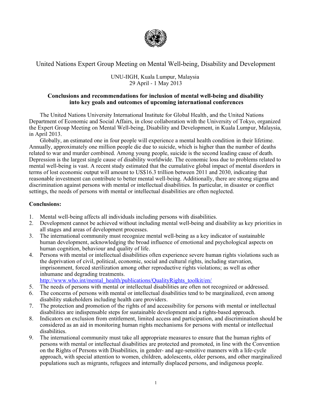 United Nations Expert Group Meeting on Mental Well-Being, Disability and Development