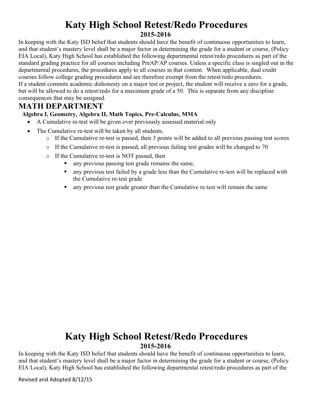 Katy High School Retest/Redo Procedures