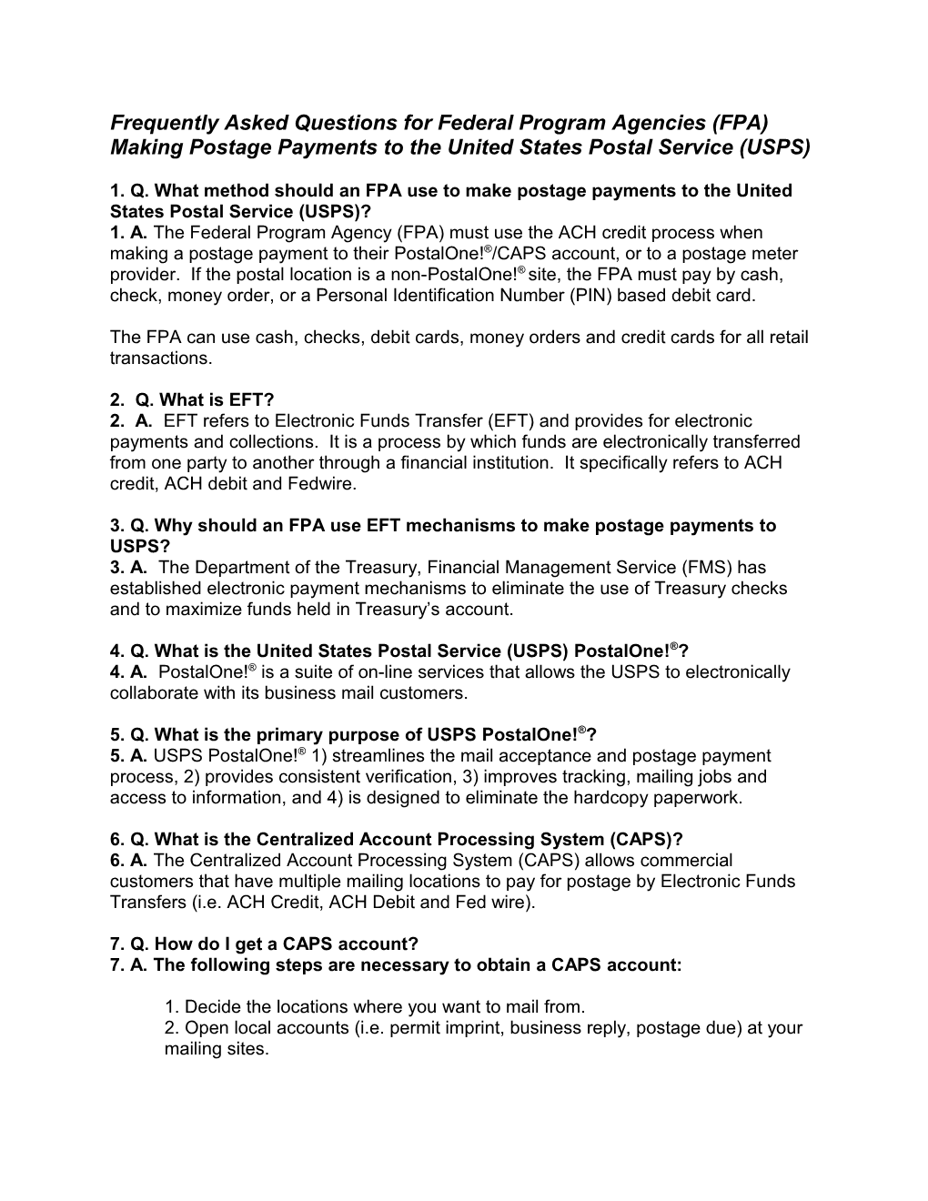 Frequently Asked Questions Forfederal Program Agencies (FPA)Making Postage Paymentsto