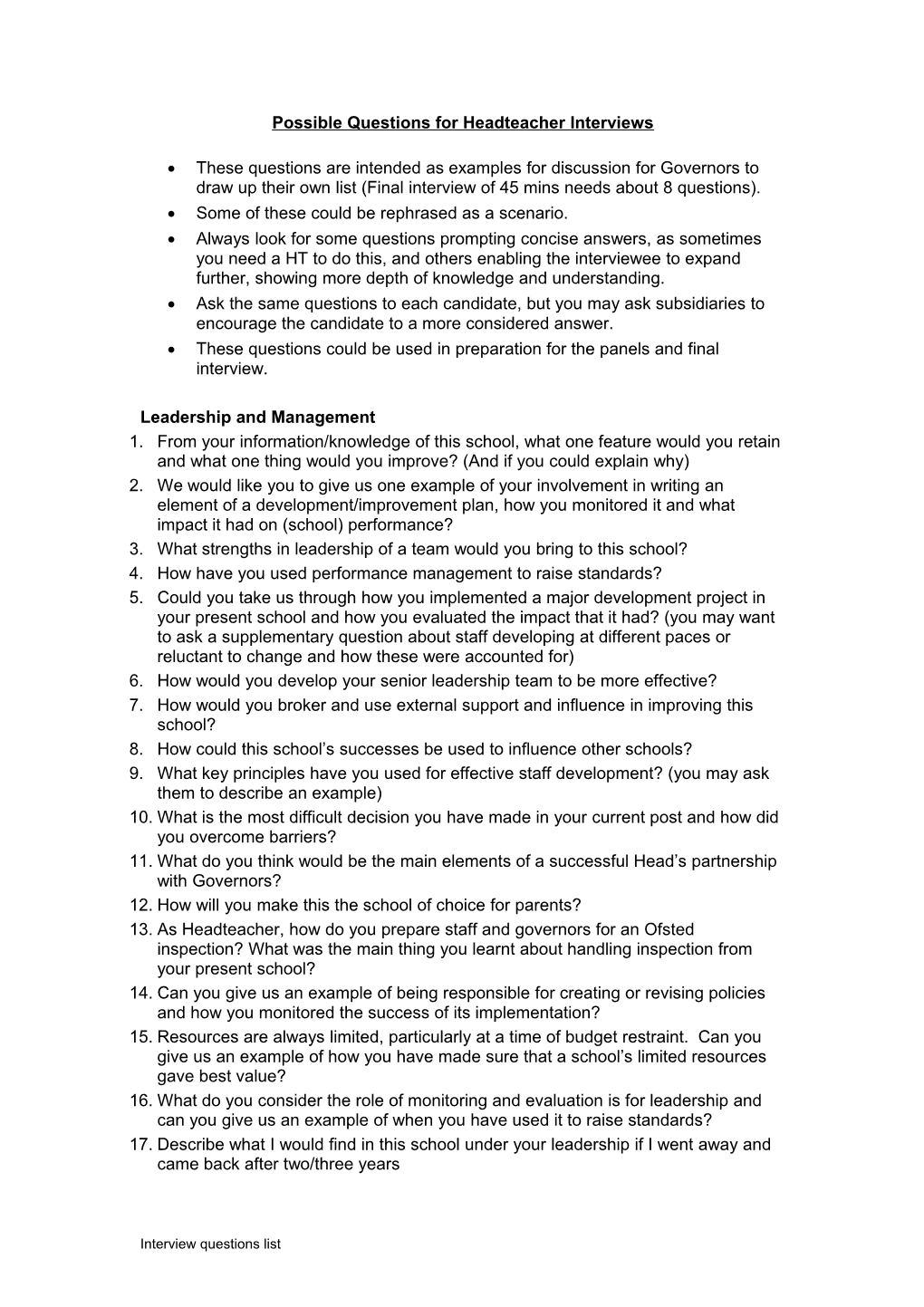 Possible Questions for Headteacher Interviews