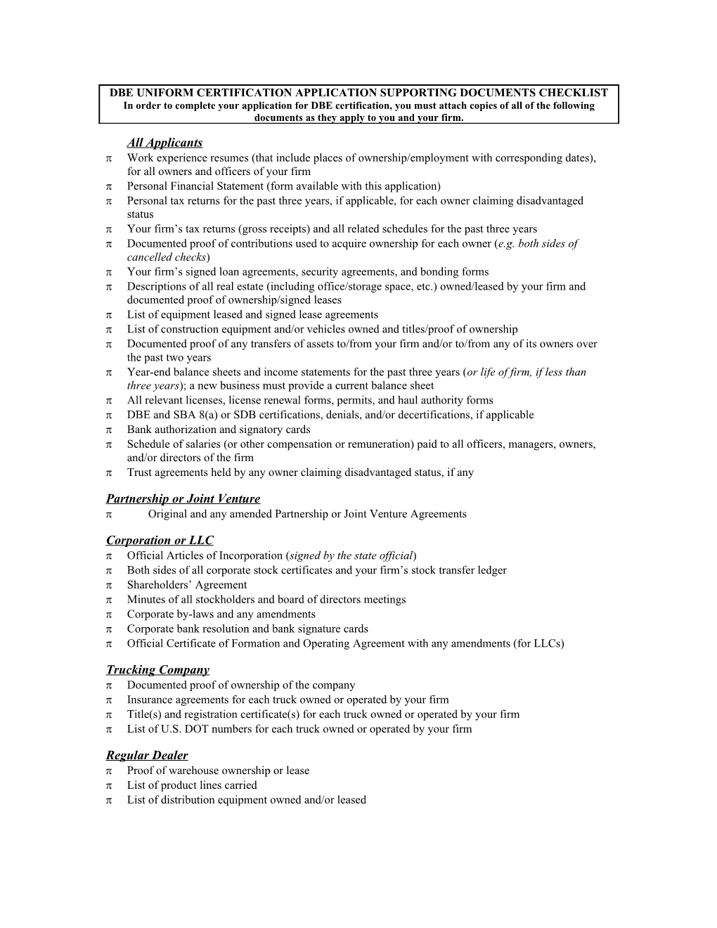 Dbe Uniform Certification Application Supporting Documents Checklist