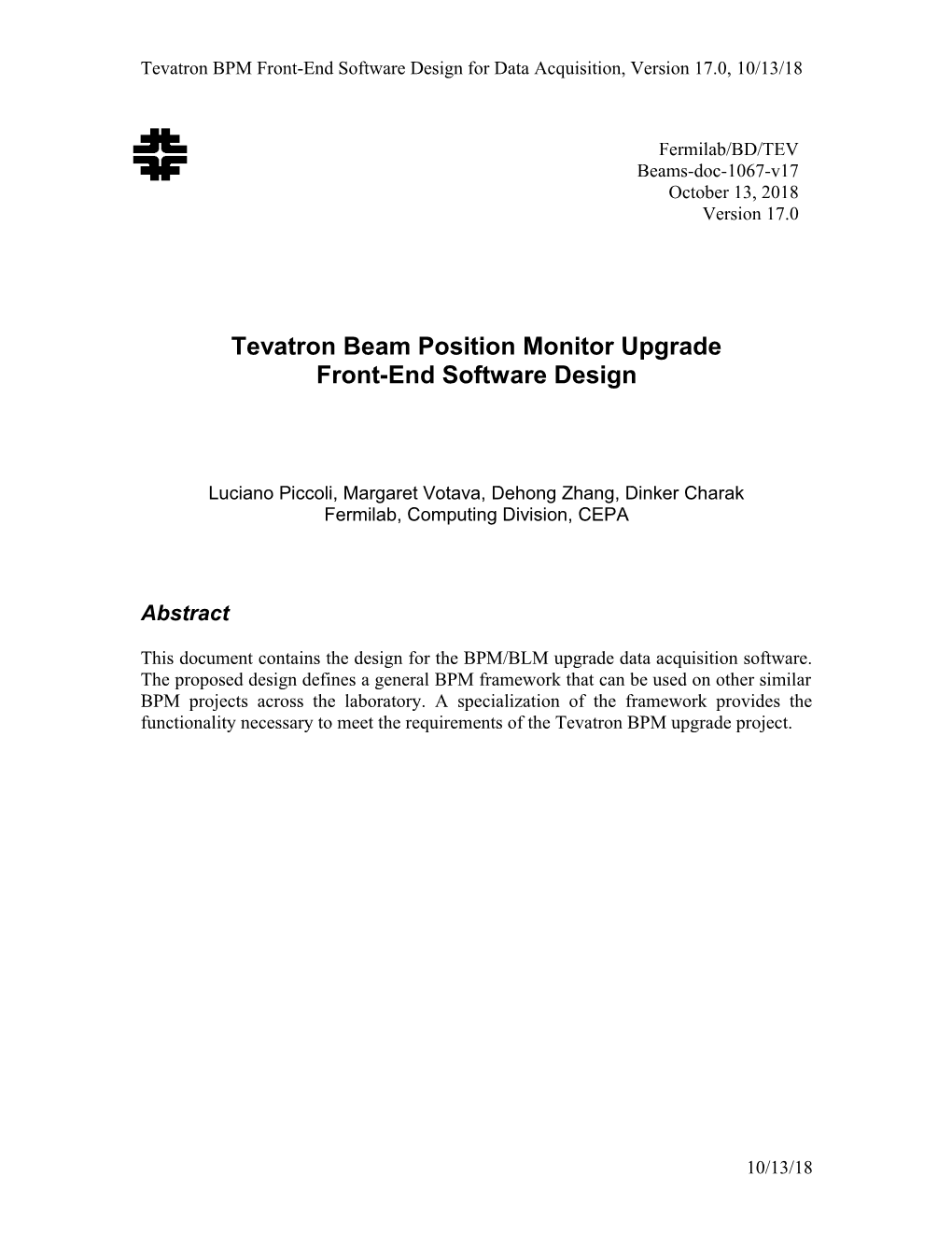 Tevatron BPM Front-End Software Design for Data Acquisition, Version 17.0, 10/19/2018