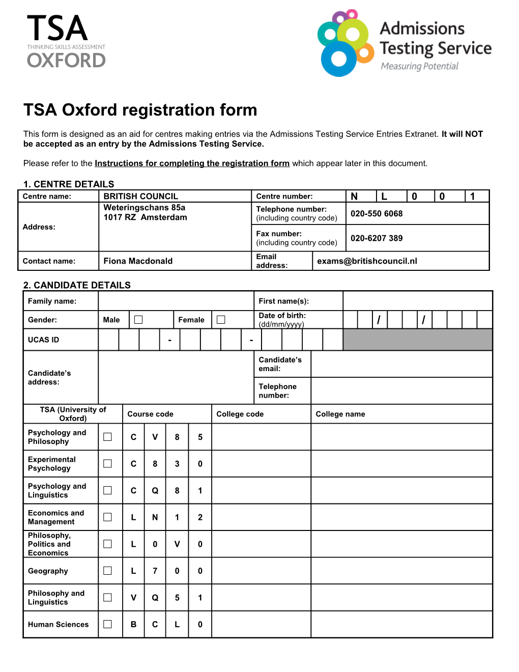 TSA Oxford Registration Form