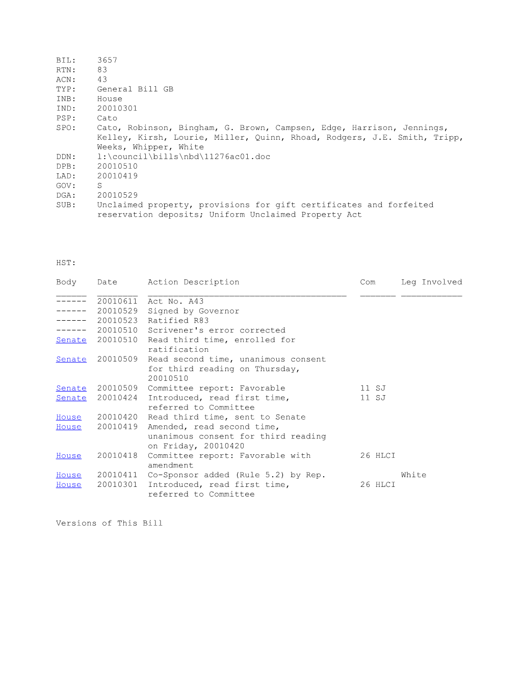 2001-2002 Bill 3657: Unclaimed Property, Provisions for Gift Certificates and Forfeited