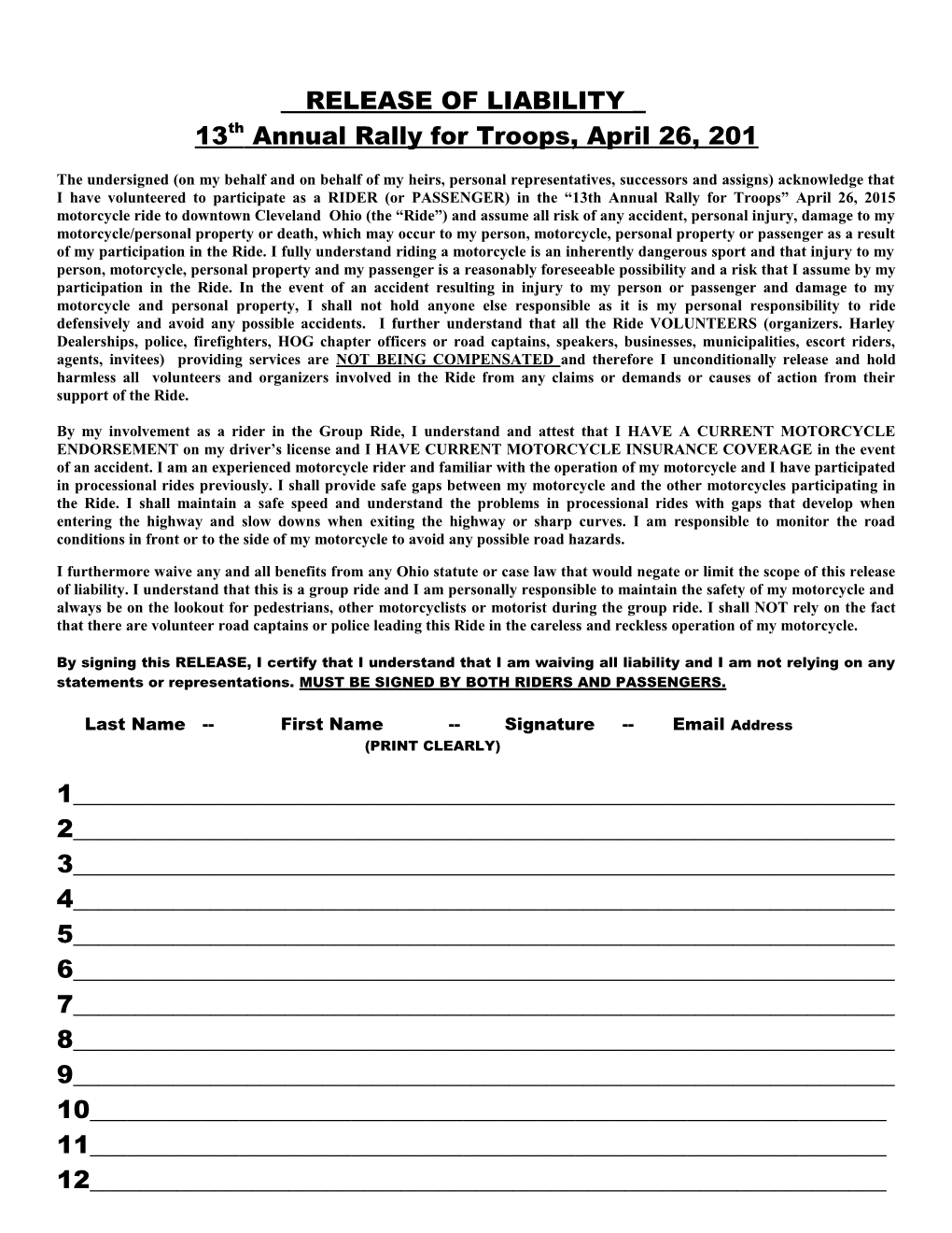 Release Form for Legacy Ford Poker Run on September 7, 2003