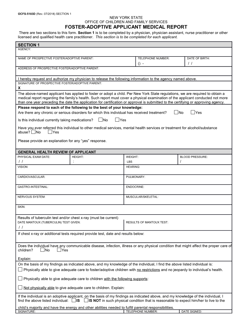 Foster-Adoptive Applicant Medical Report