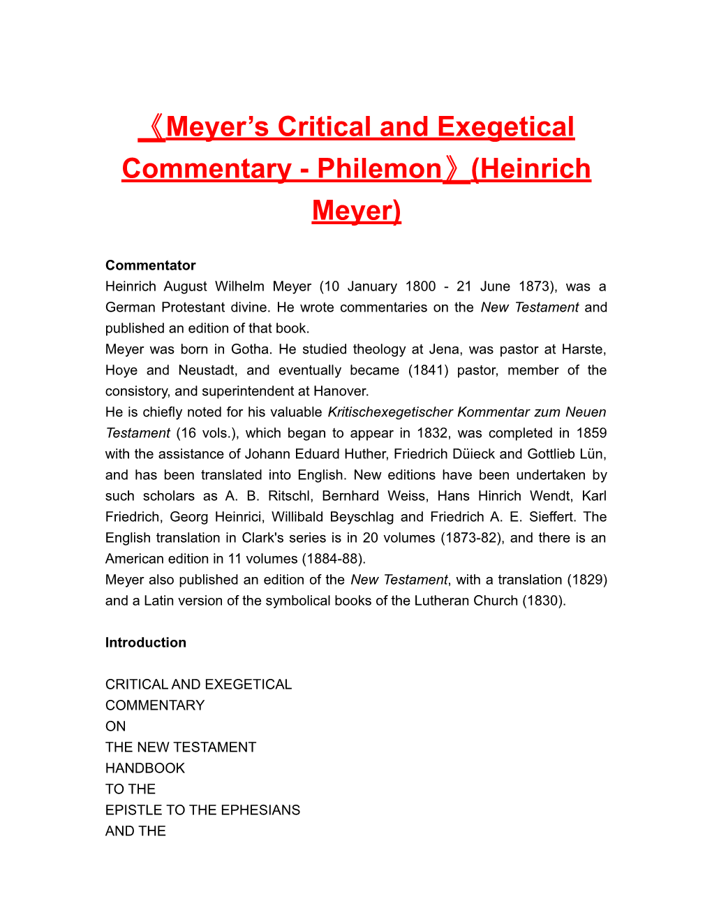 Meyer S Critical and Exegetical Commentary-Philemon (Heinrichmeyer)