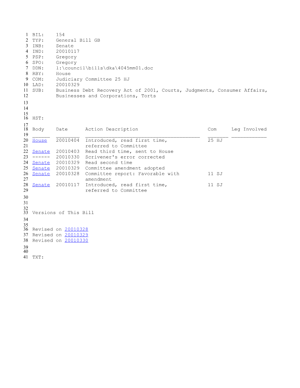 2001-2002 Bill 154: Business Debt Recovery Act of 2001, Courts, Judgments, Consumer Affairs