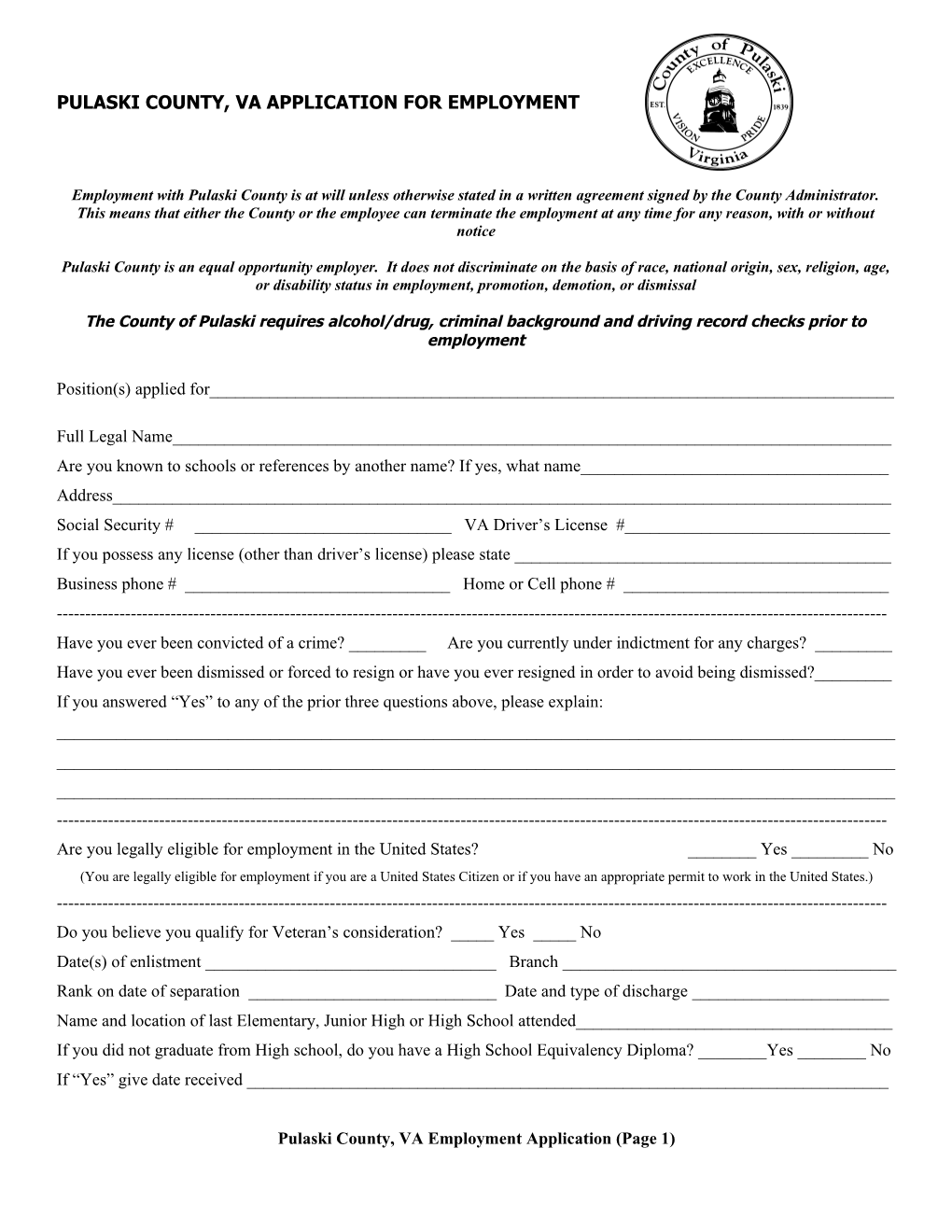 Pulaski County Application for Employment