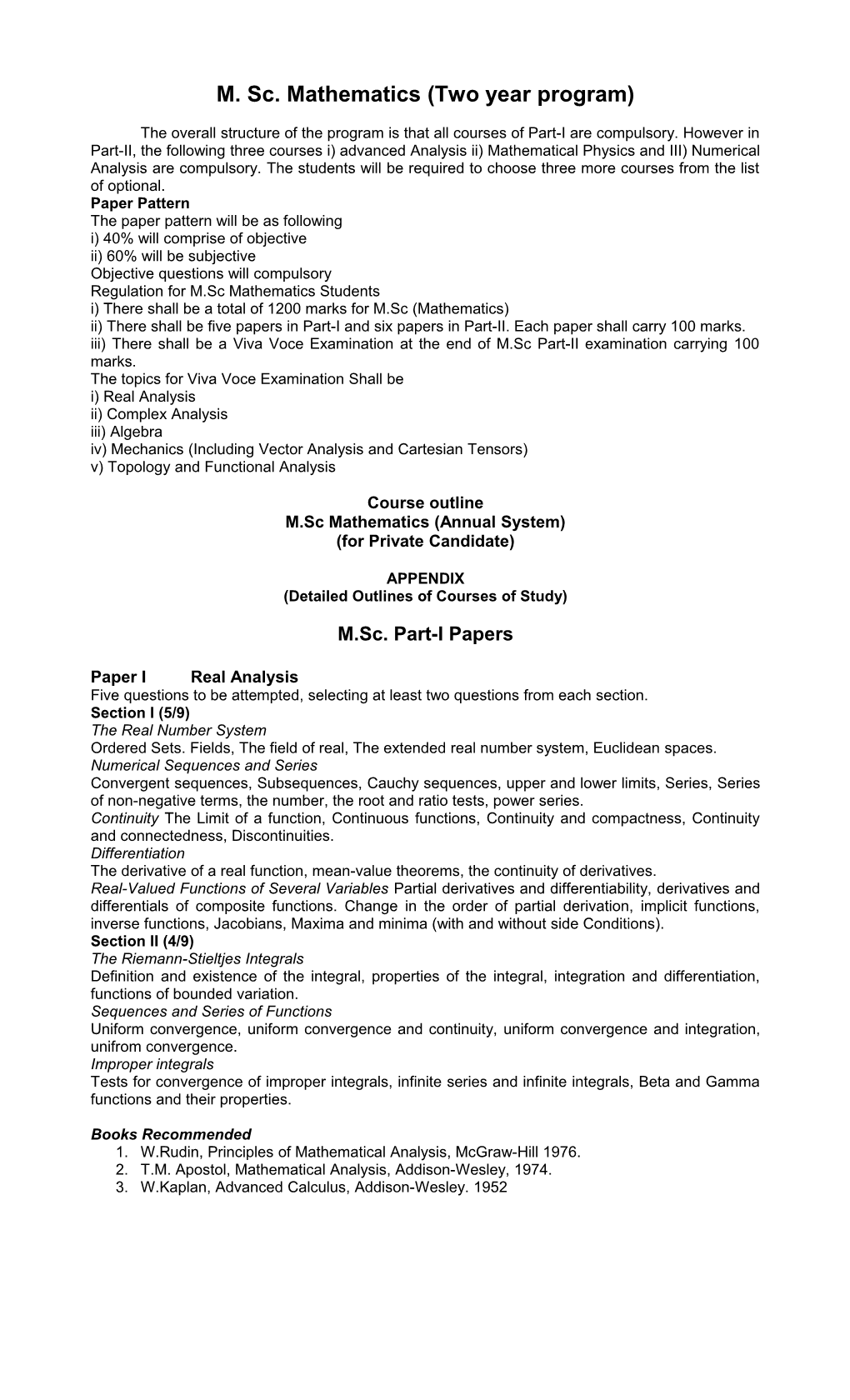 M. Sc. Mathematics (Two Year Program)