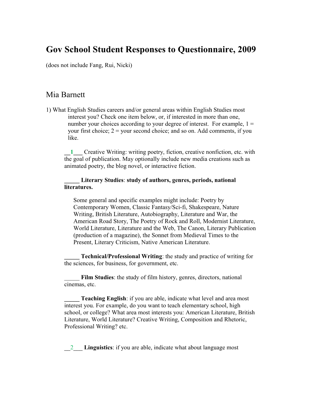 Govschool Student Responses to Questionnaire, 2009
