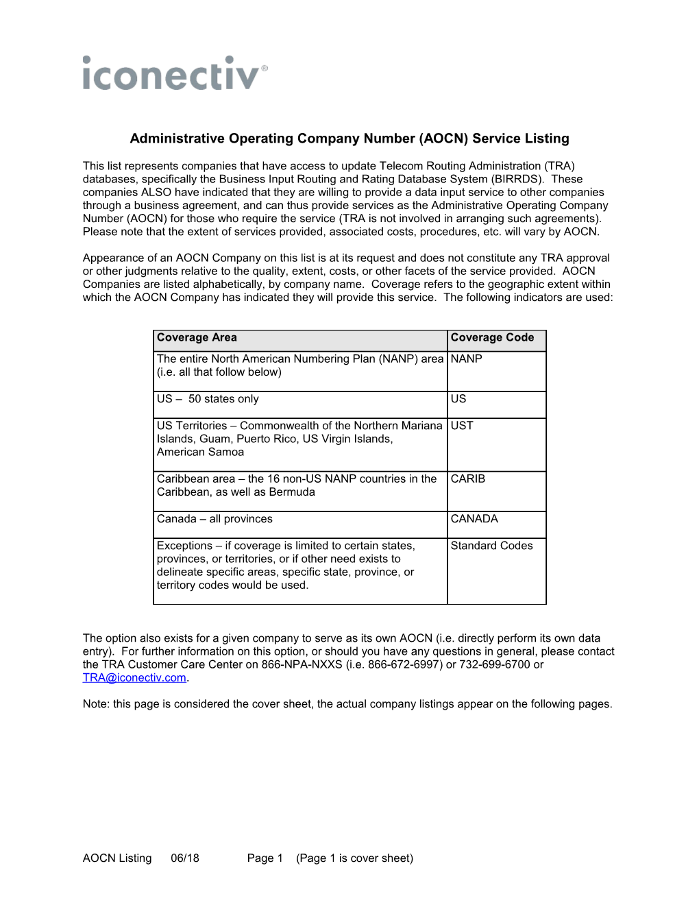 Administrative Operating Company Number (AOCN) Service Listing