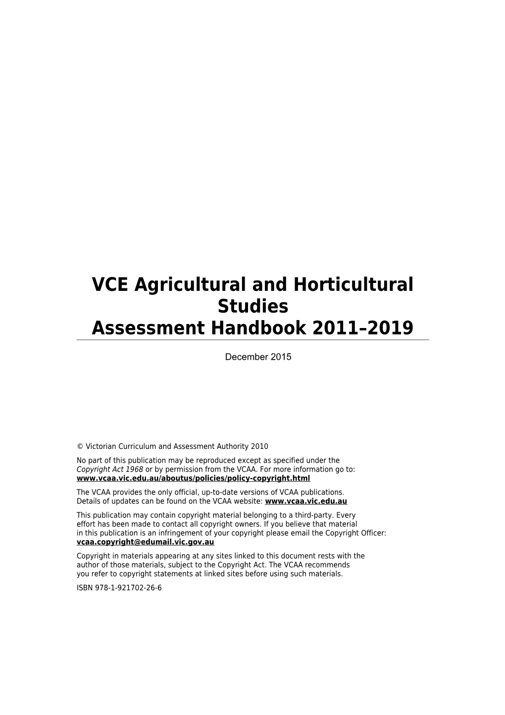 VCE Agricultural and Horticultural Assessment Handbook 2011-2016