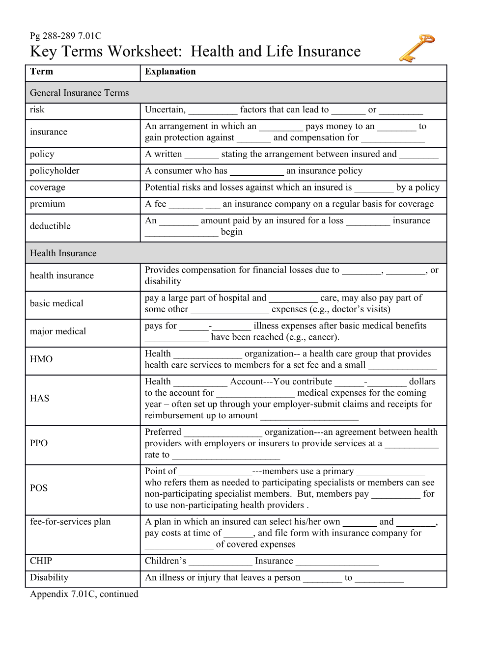 Key Terms Worksheet: Health and Life Insurance