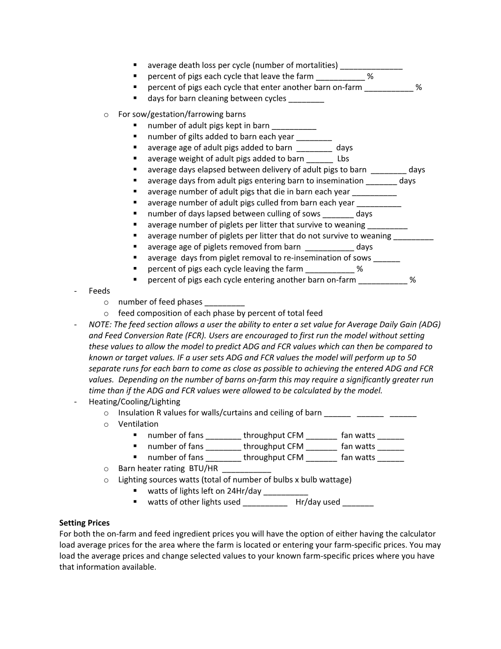 Pig Production Environmental Footprint Calculator Input Entry Worksheet