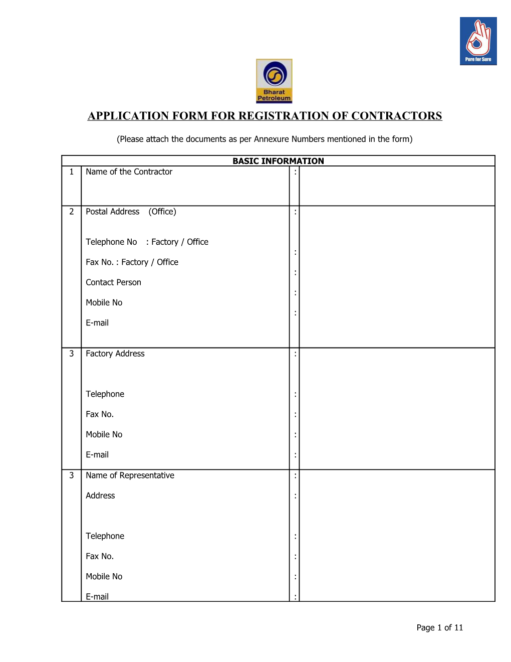 Application Form for Registration of Contractors
