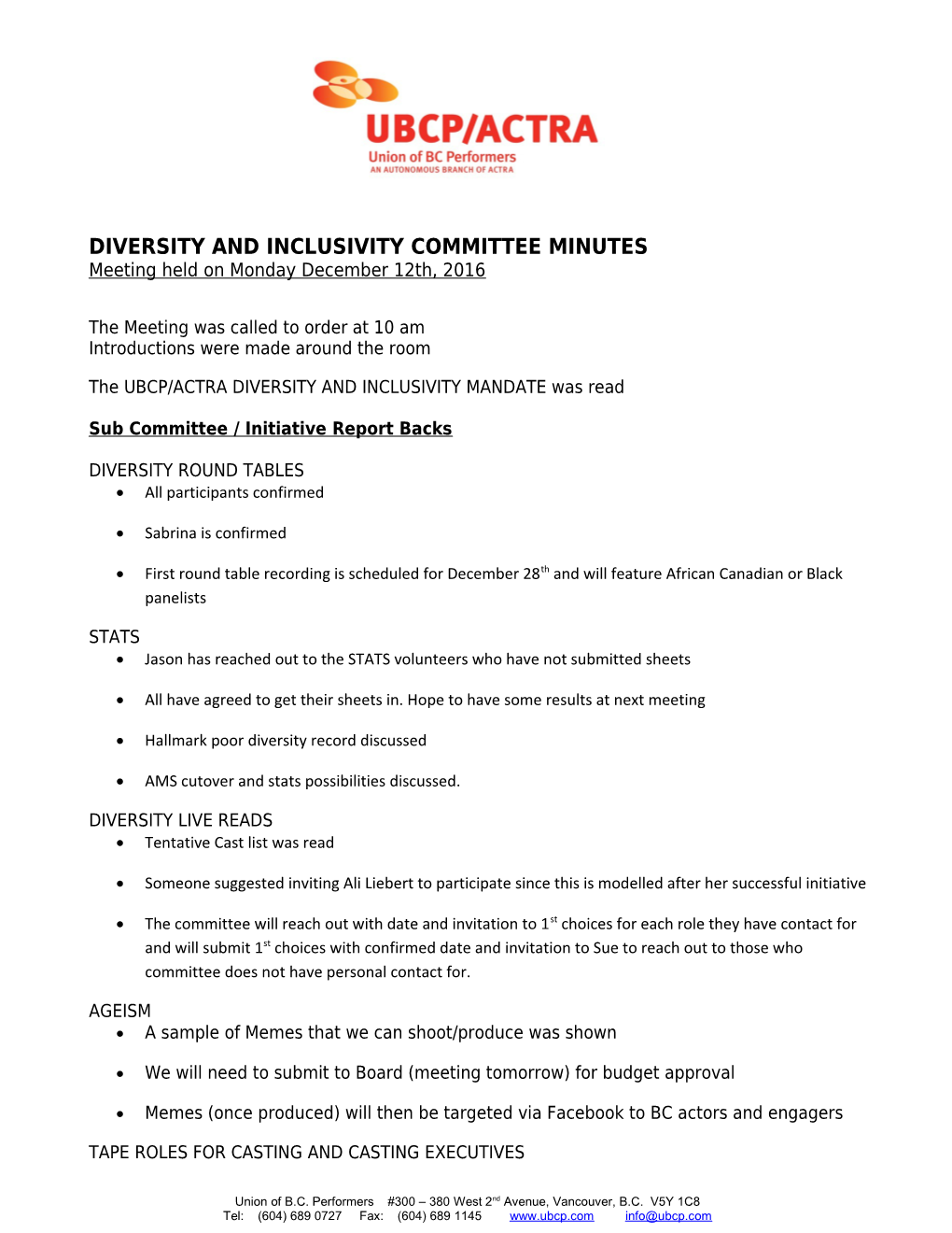 Diversity and Inclusivity Committee Minutes