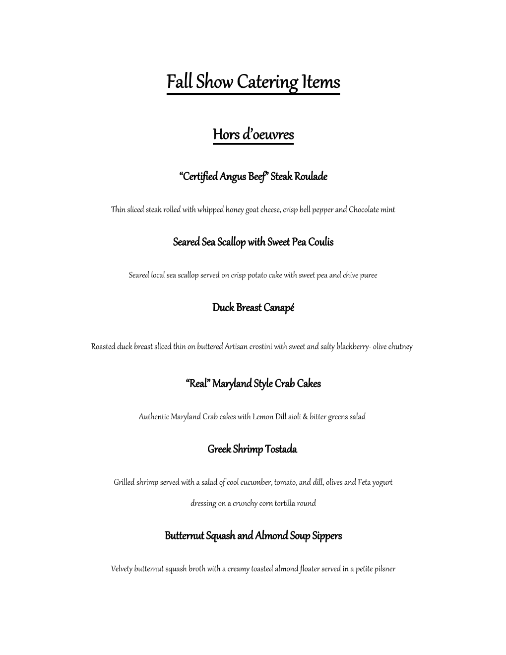 Fall Show Catering Items