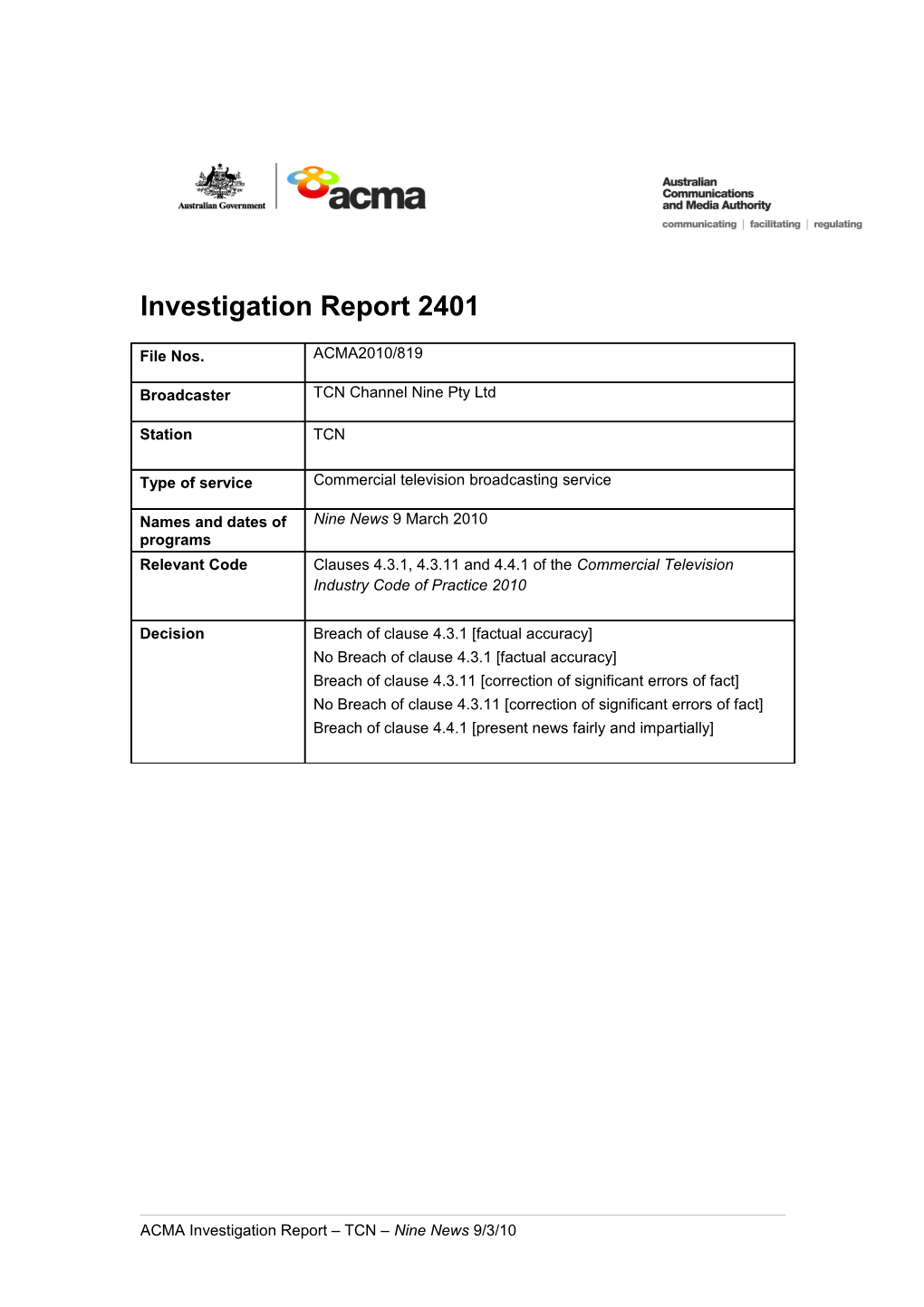 TCN9 - ACMA Investigation Report 2401