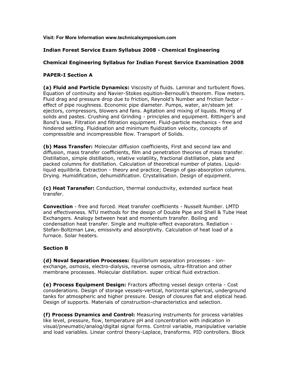 Indian Forest Service Exam Syllabus 2008 - Chemical Engineering