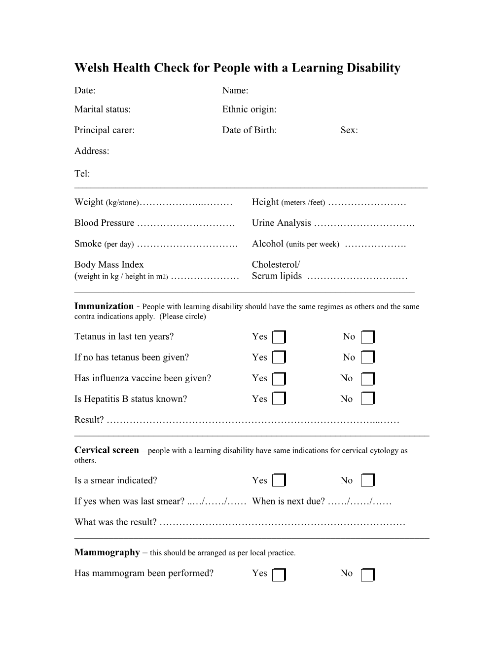 Cardiff Health Check for People with a Learning Disability