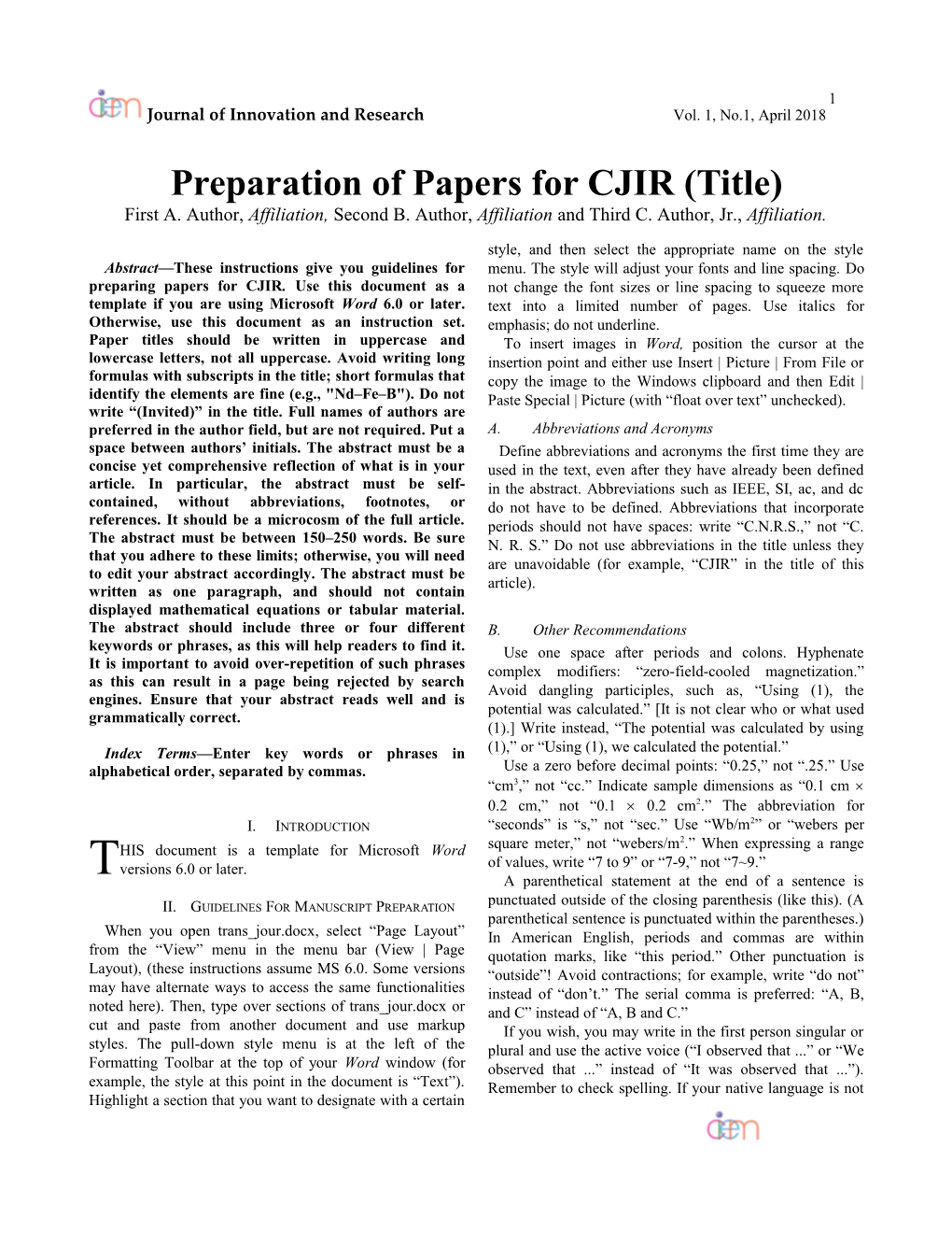 Preparation of Papers for CJIR(Title)