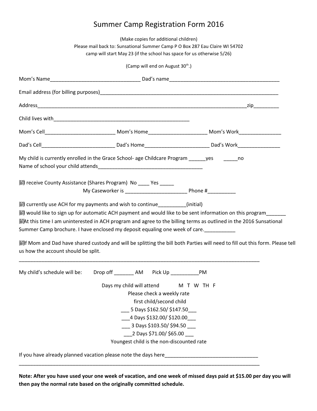 Summer Camp Registration Form 2016