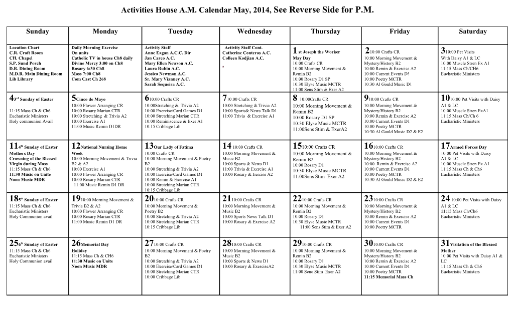 Activities House A.M.Calendarmay, 2014,See Reverse Side for P.M