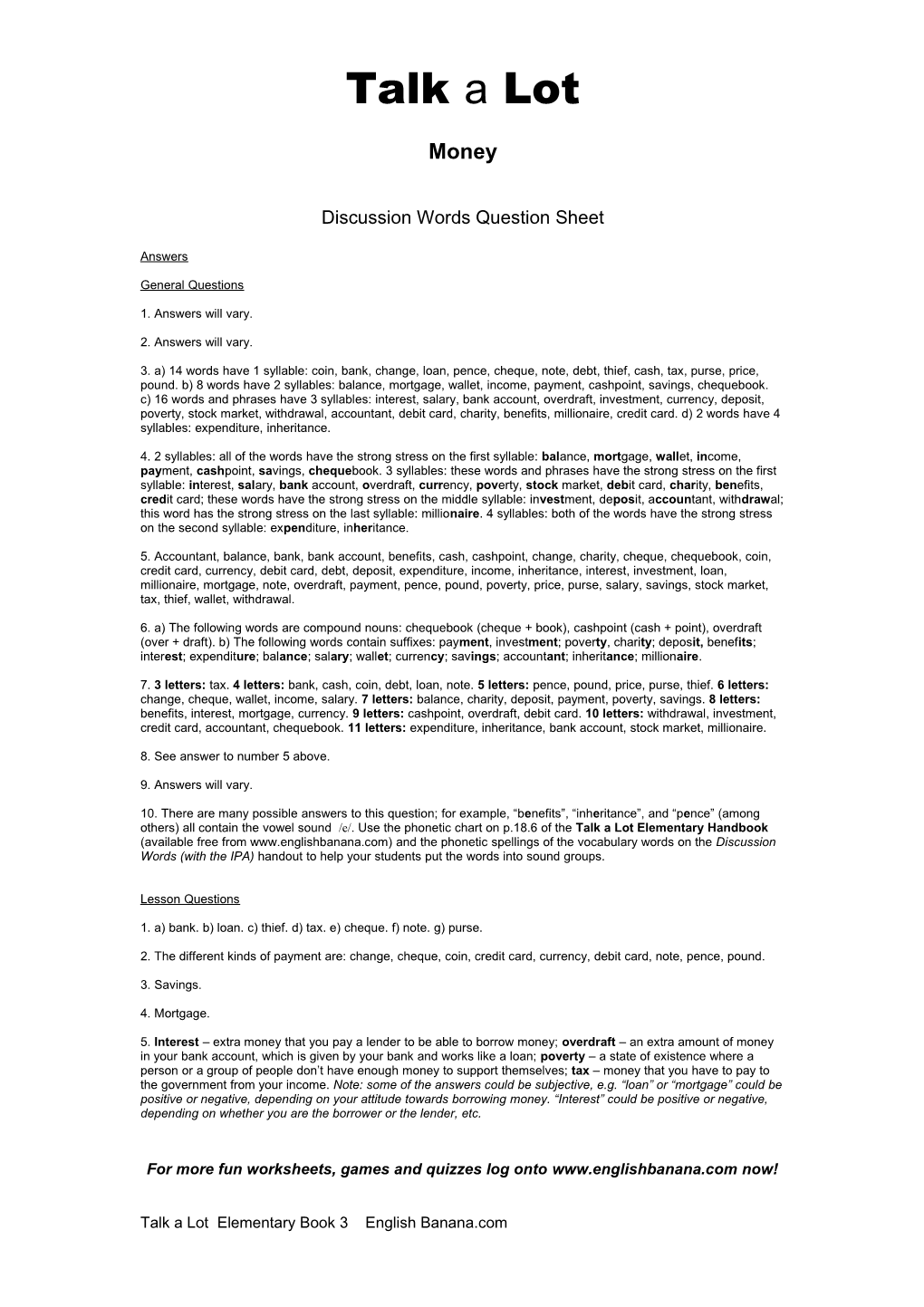 Discussion Words Question Sheet