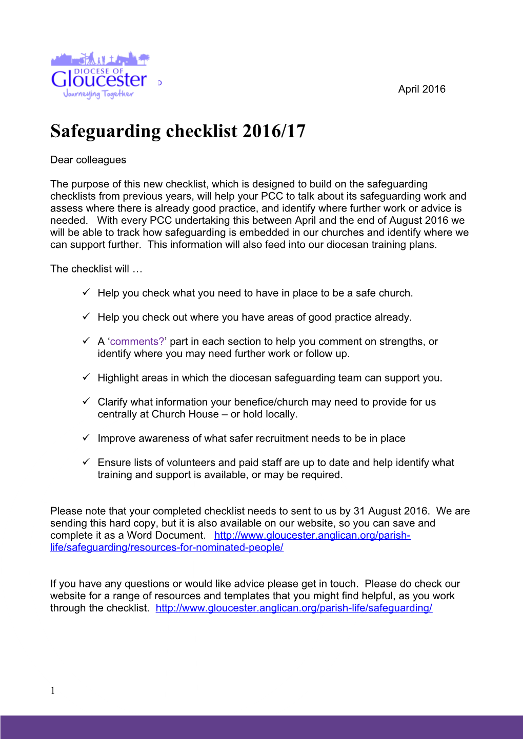 Safeguarding Checklist 2016/17