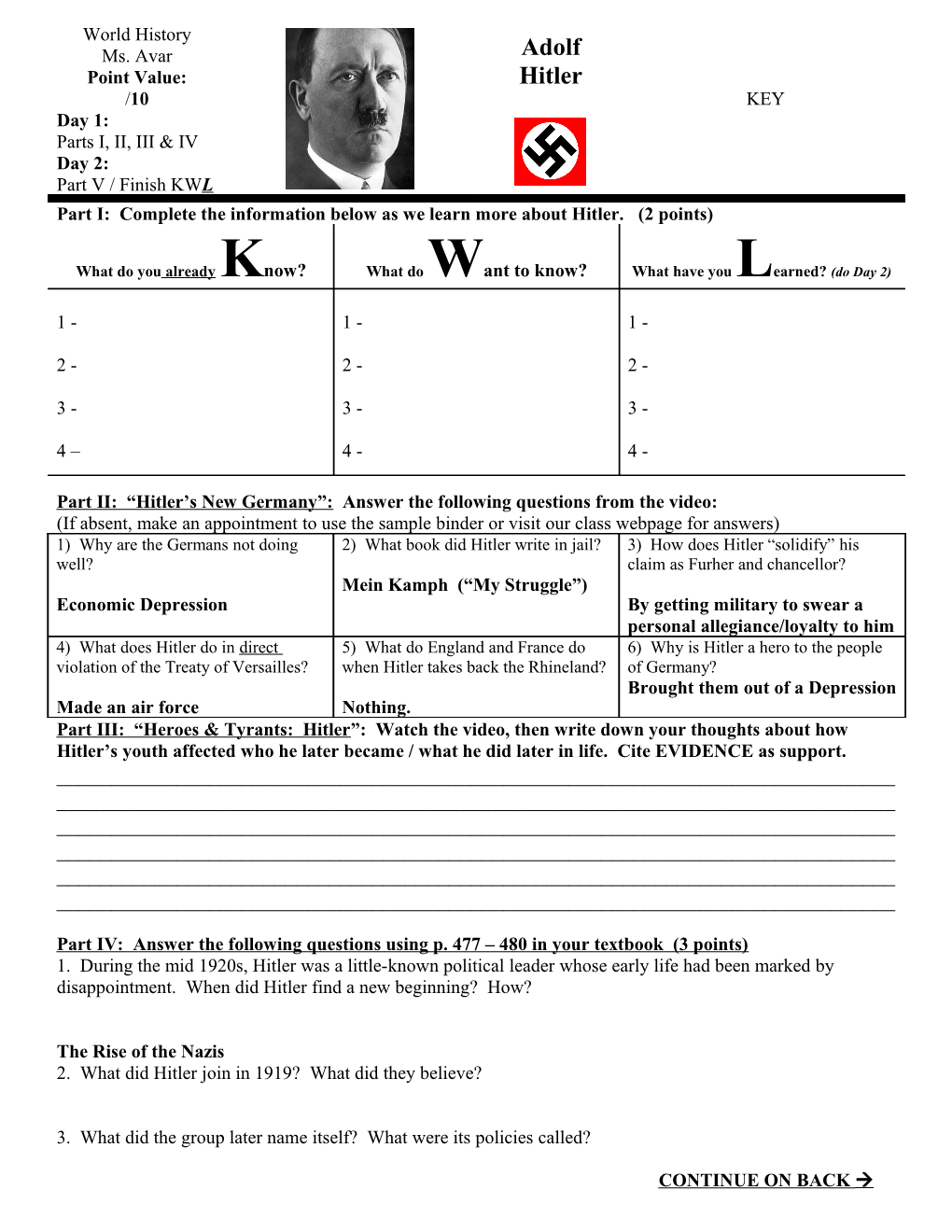 Part I: Complete the Information Below As We Learn More About Hitler. (2 Points)