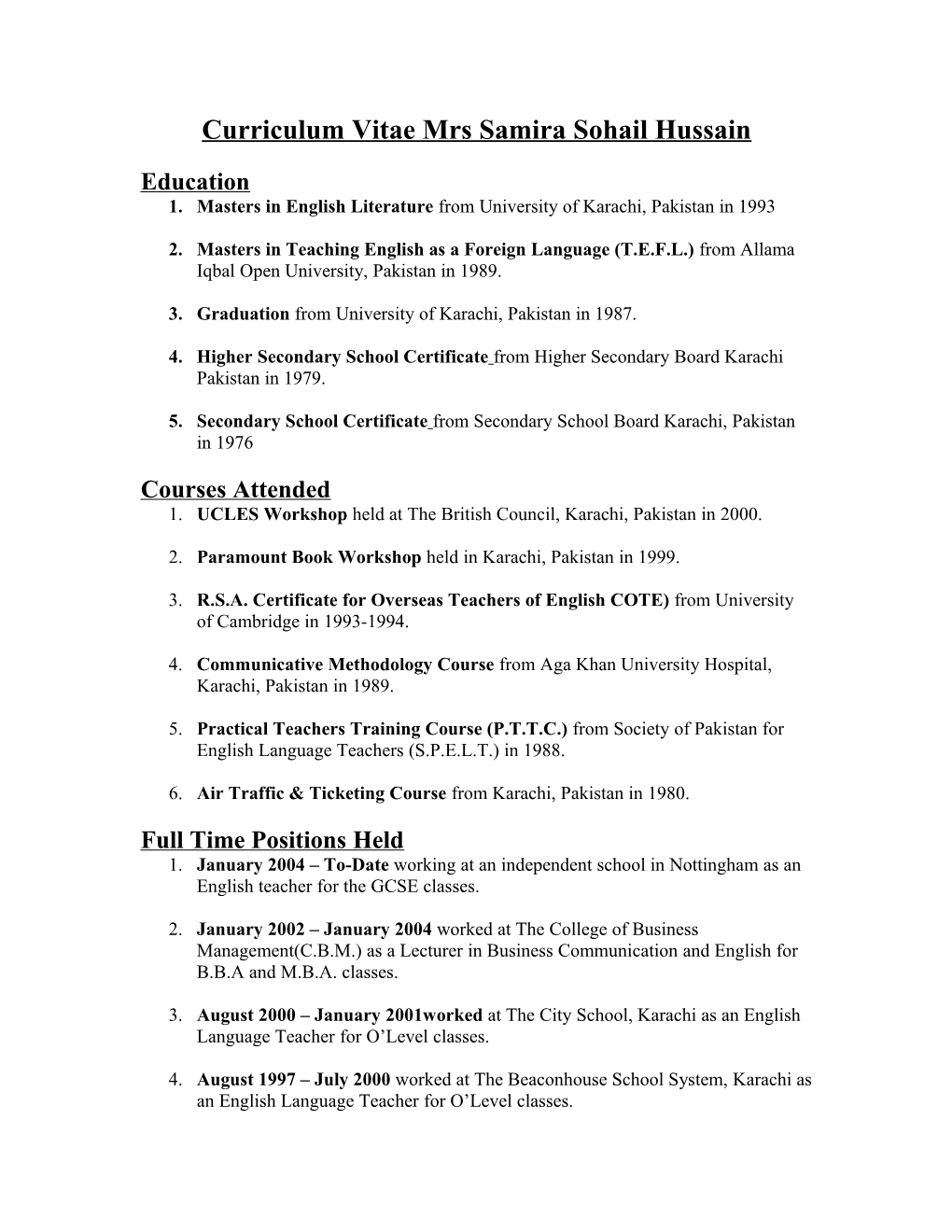 Curriculum Vitae Samira Sohail Hussain