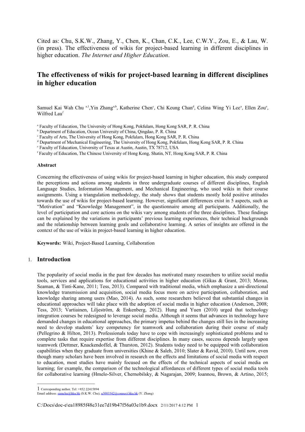 The Effectiveness of Wikis for Project-Based Learning in Different Disciplines in Higher