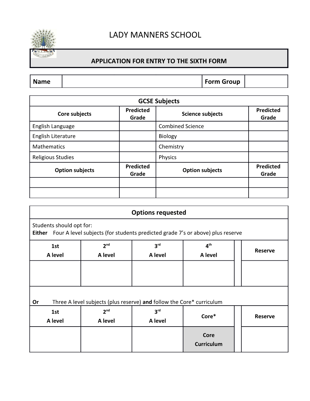 Application for Entry to Sixth Form