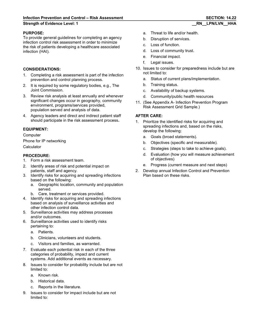 Infection Prevention and Control Risk Assessmentsection: 14.22